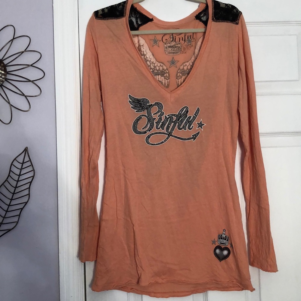 Sinful orange w/lace long sleeve tee- Size Large